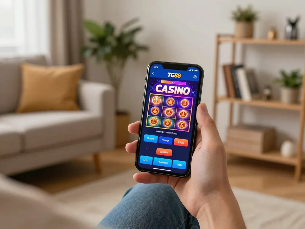 Engaging in a tg88 game on mobile device in cozy home environment, showcasing responsible gaming.