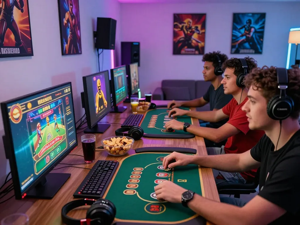 Friends enjoying a game night playing rik vip casino games in a vibrant living room