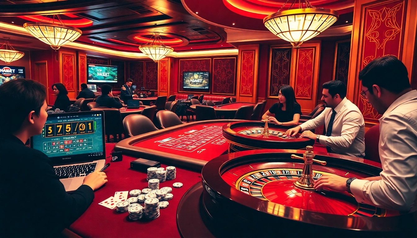 THABET gamblers enjoying a luxury casino atmosphere with poker and roulette tables.