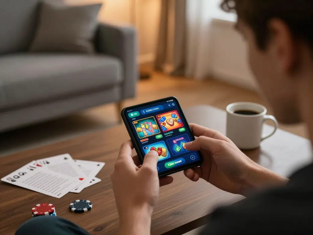 Engaging player immerses in Oxbet mobile betting platform, showcasing interactive gaming options in a cozy home setting.
