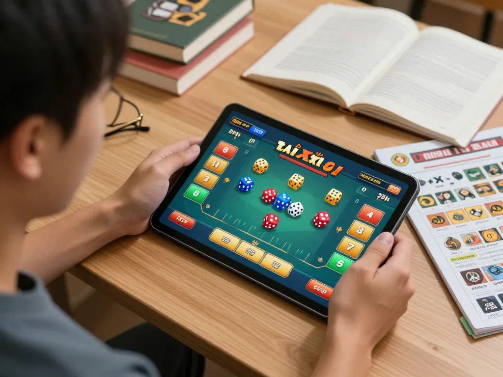 Player engaging in an online tài xỉu game on a tablet, showcasing vibrant dice and betting options in a home office.