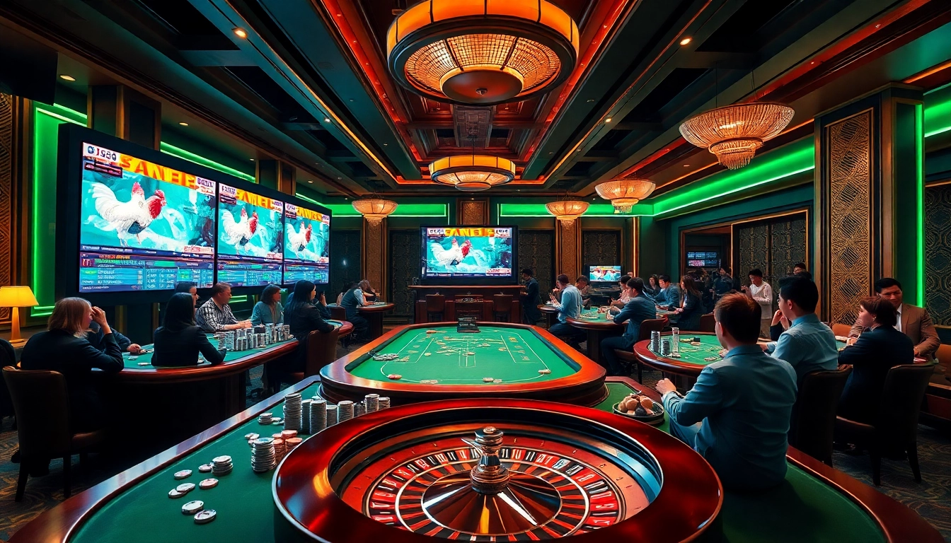 Watch live-action chicken fights on https://bj88daga.dev/ amidst a vibrant casino setting filled with excitement.