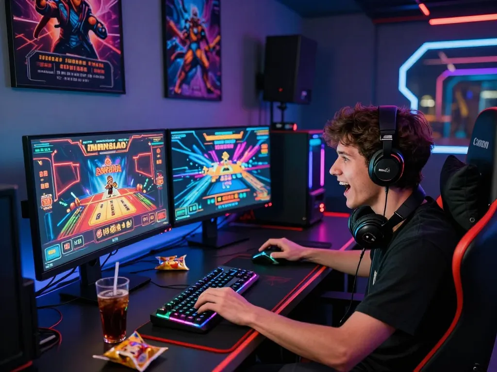 Player at computer desk gaming on https://bomwin.jp.net/ with vibrant visuals and high-quality gear.