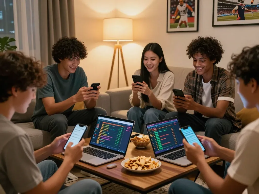 Group enjoying đánh đề online in a cozy living room with smartphones and laptops, highlighting excitement and social interaction.