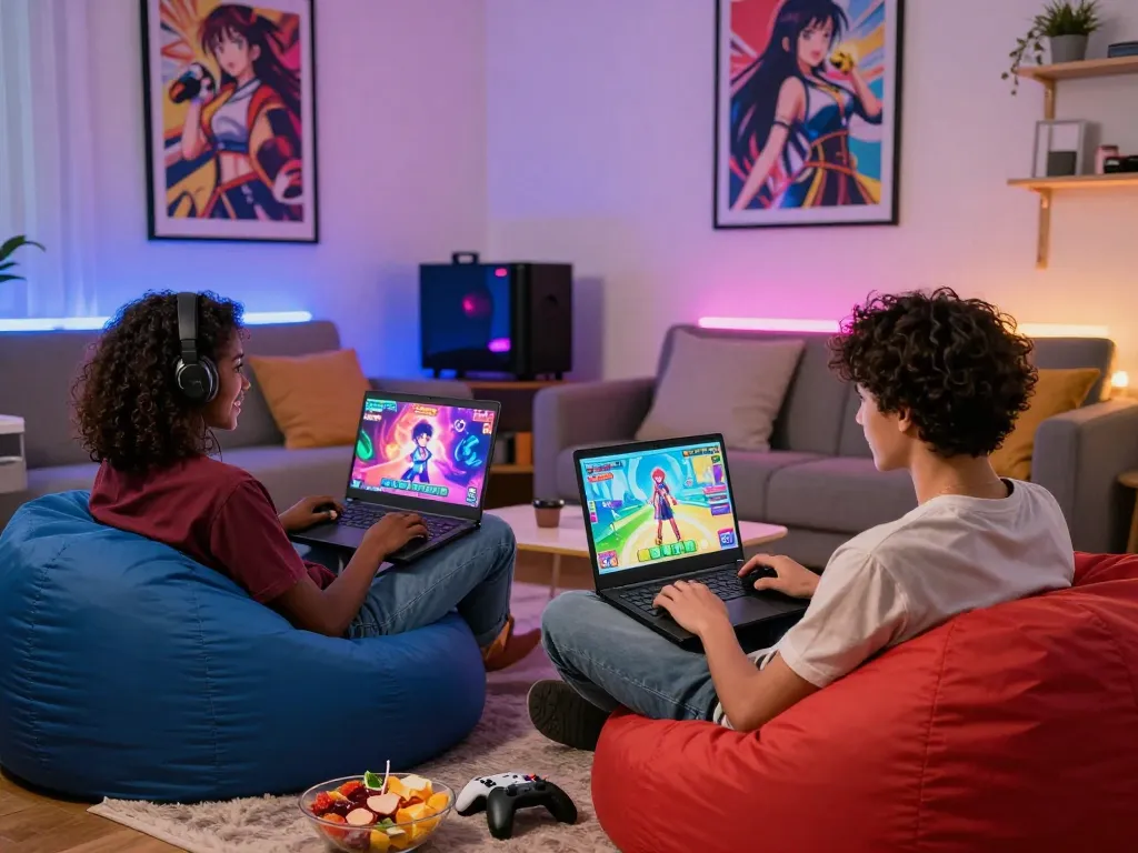 Engaging scene of players immersed in hentai games in a cozy living room.