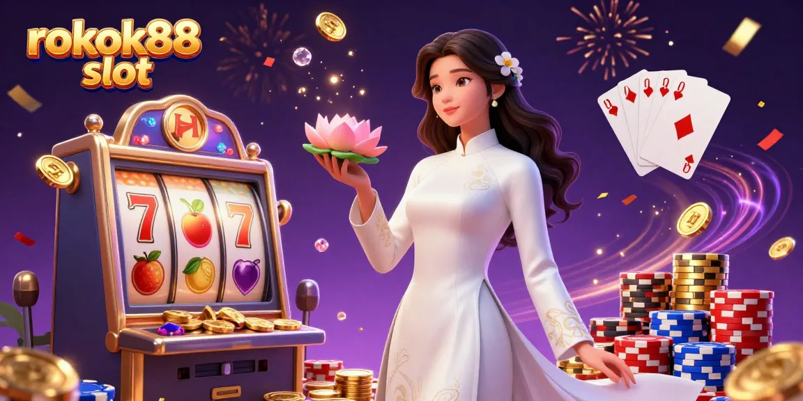 Spin and win with rokok88 slot, featuring an elegant woman amidst vibrant casino elements.