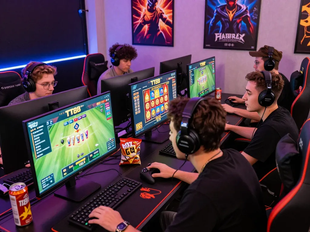 Engaging online betting scene at TT88 showcasing diverse gamers, vibrant atmosphere, and modern gaming setup.