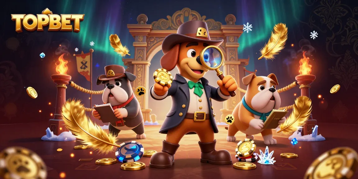 TOPBET showcases an adventurous scene with characters investigating poker clues amidst golden treasures.