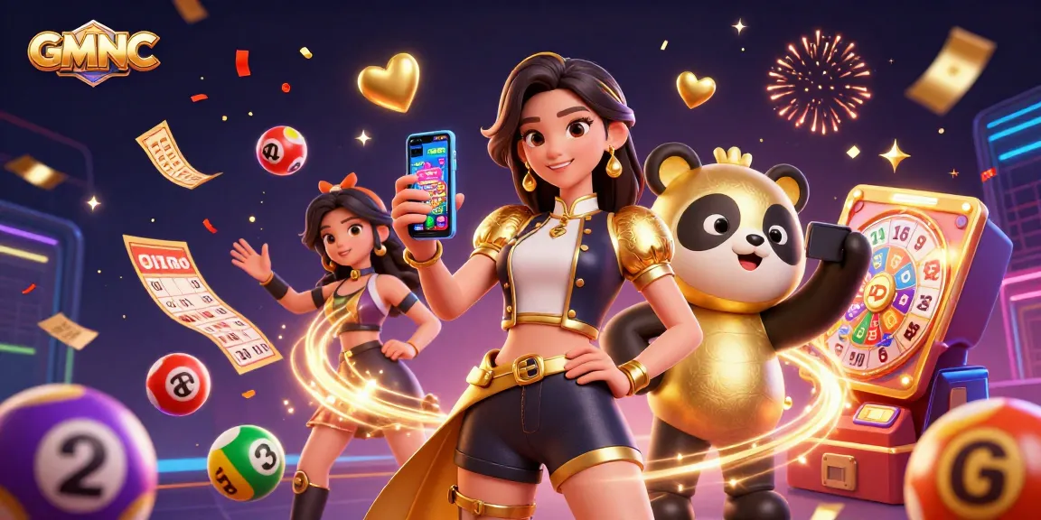 Engage in thrilling casino gameplay with GMNC as an elegant Asian woman interacts with a smartphone amidst colorful lottery elements.