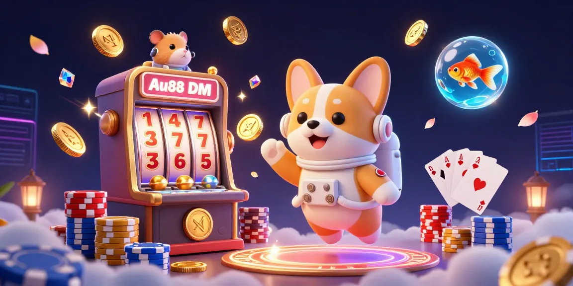 Experience exciting casino action with Au88 DM where the astronaut corgi plays slots amidst golden coins and gems.