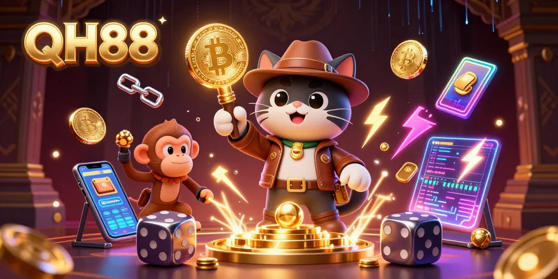 Engage in thrilling QH88 casino adventures with a cat and monkey discovering treasures.
