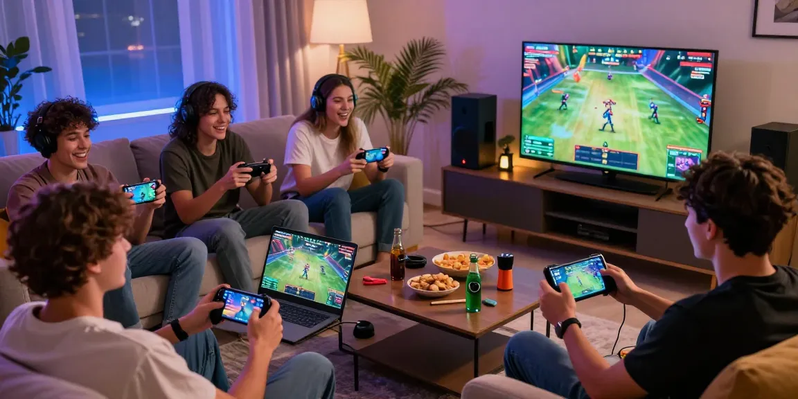 Friends enjoying various games on HM88 platform in a vibrant living room filled with devices and excitement.
