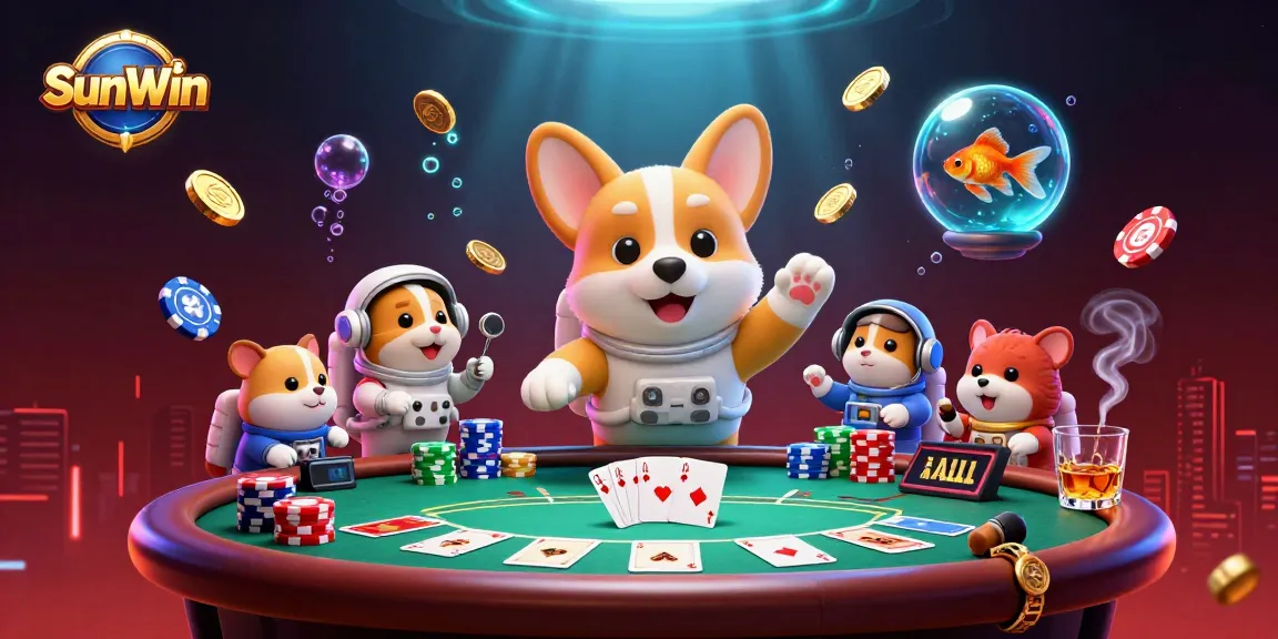 Experience thrilling gameplay at SunWin's space-themed casino with floating coins, poker chips, and dynamic characters.
