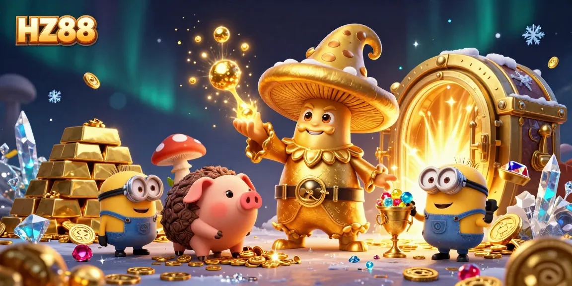 Experience the golden adventure of HZ88 with vibrant characters and treasures in this immersive 3D illustration.