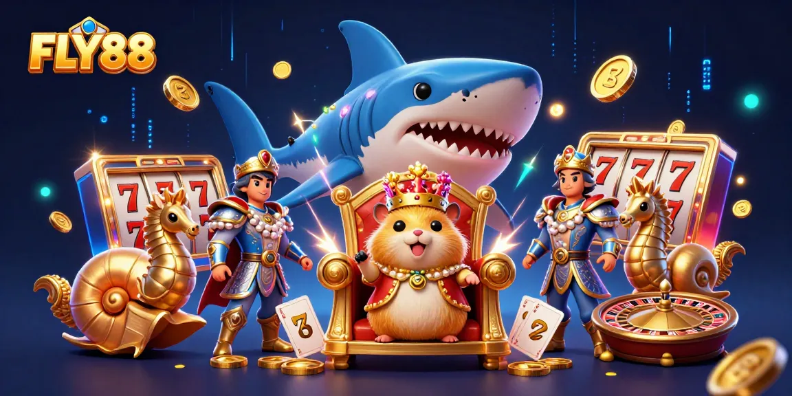 Experience thrilling gaming action with FLY88, featuring vibrant 3D casino elements like slot reels and roulette.