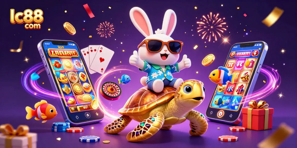 Experience the thrill of lc88 com with a lucky rabbit and golden turtle in a vibrant casino scene.