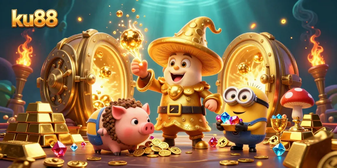 Engage with the magical experiences at ku88, showcasing a wizard transforming treasures in a vibrant casino scene.