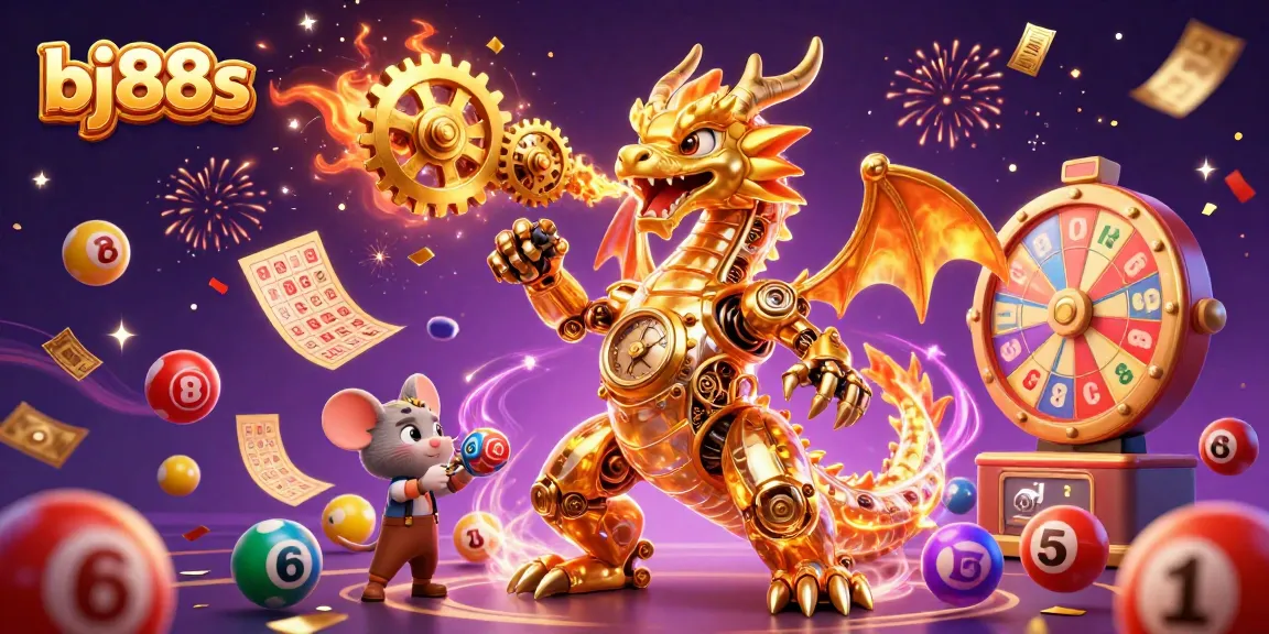 Experience thrilling gaming action at bj88s with dynamic lottery elements and a golden dragon illustration.