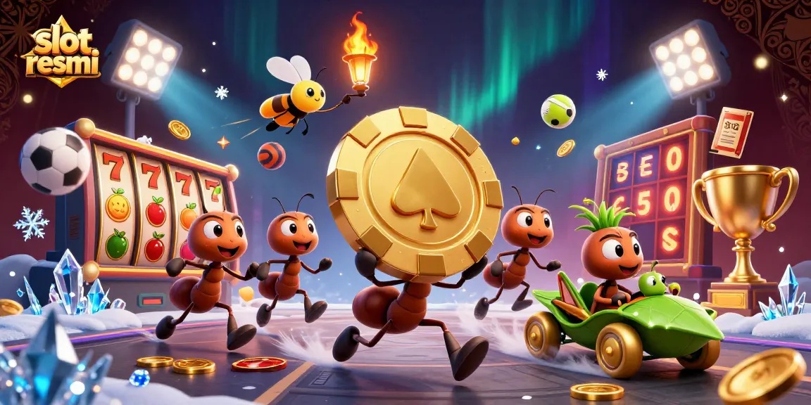 Slot resmi menampilkan serangkaian karakter kartun yang membawa chip poker emas, dikelilingi elemen slot menarik.
