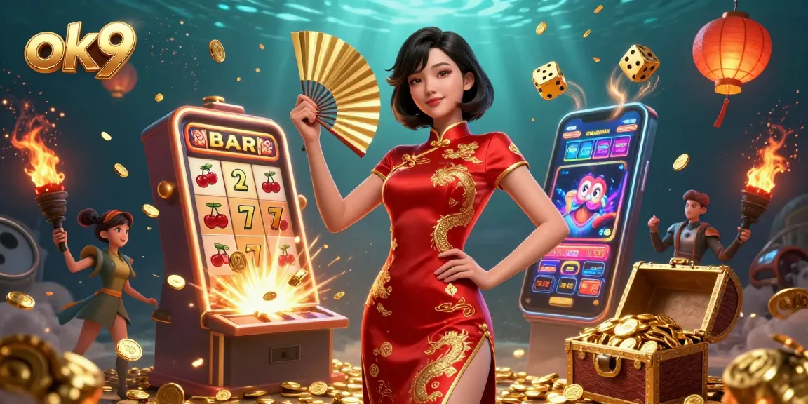 Play thrilling games at ok9 while surrounded by sparkling casino elements in a vibrant illustration.