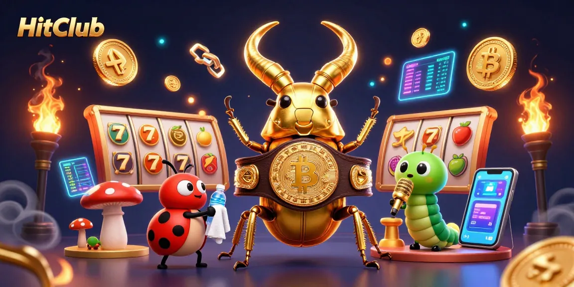 HitClub showcases a vibrant gaming atmosphere with slot machines, golden characters, and neon cryptocurrency elements.