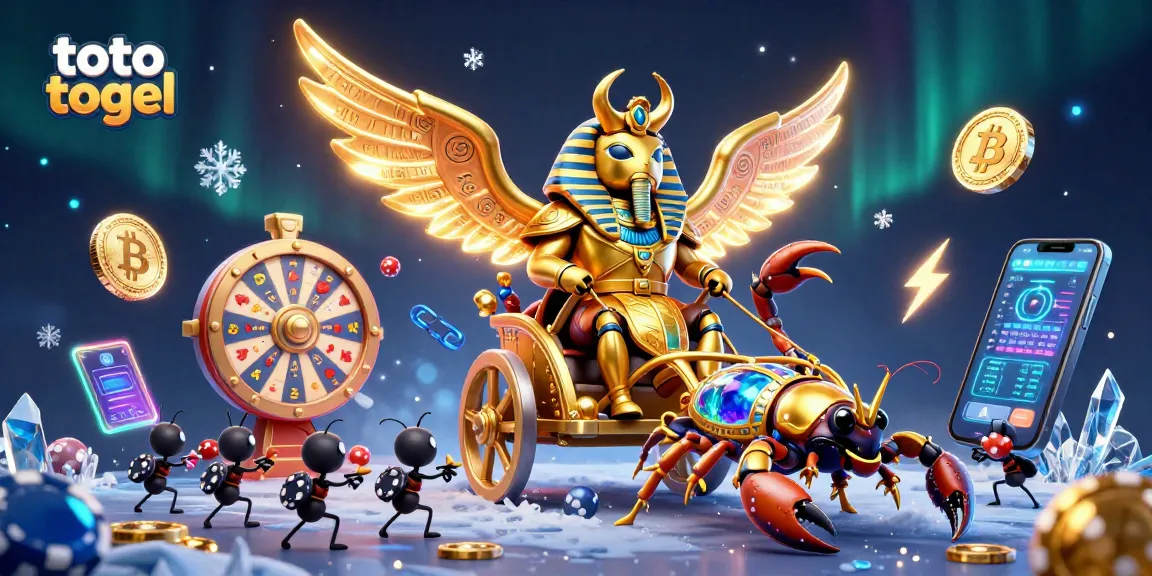 Engage in exciting toto togel lottery action with a vibrant 3D illustration showcasing golden scarab and treasures.