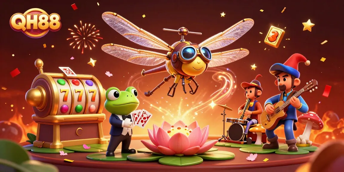 Experience thrilling gaming action at QH88's vibrant casino scene with lively characters and slots.