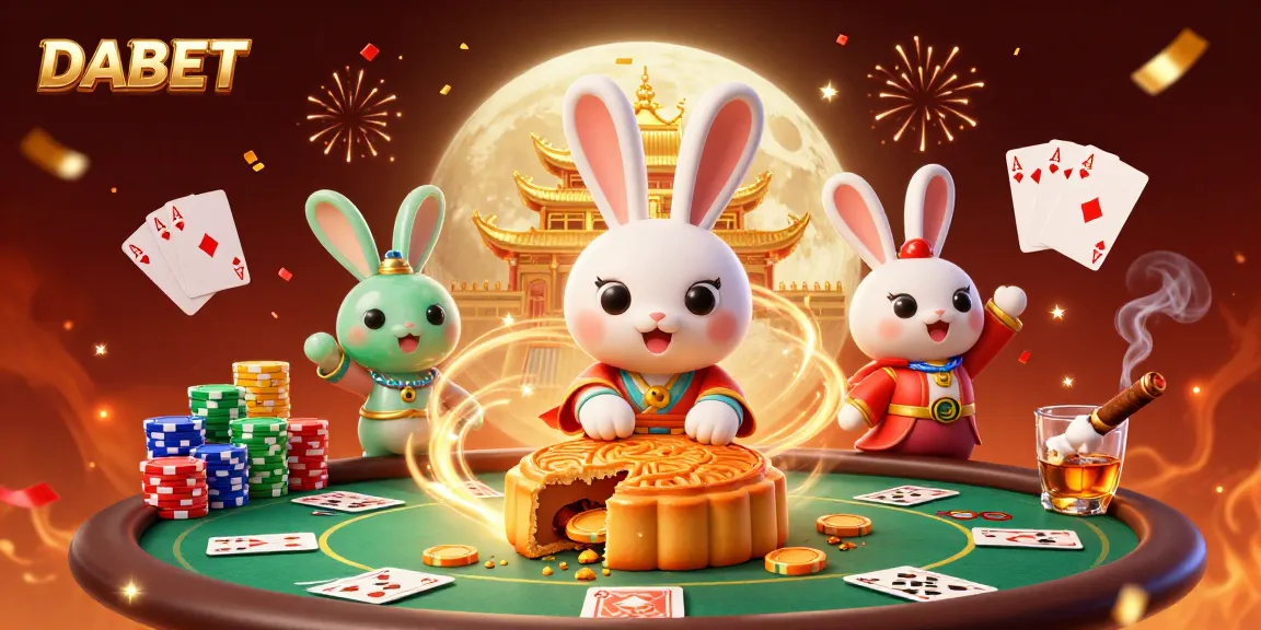 DABET showcases an exciting scene of a moon rabbit revealing poker chips, surrounded by vibrant casino elements.