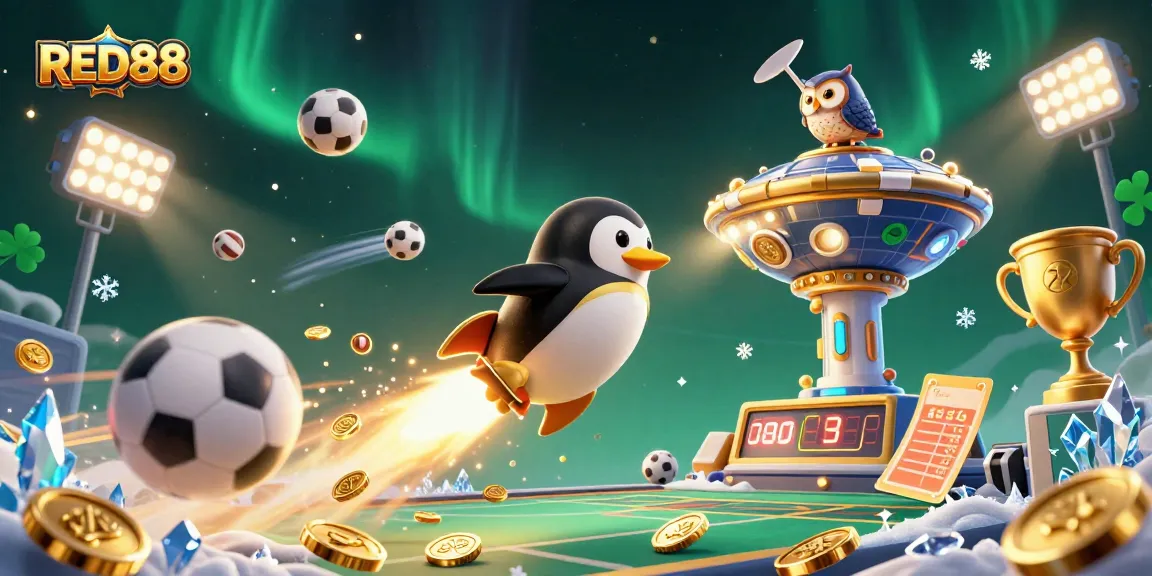 Engage with RED88's exciting atmosphere featuring a golden penguin racing to a poker chip casino.