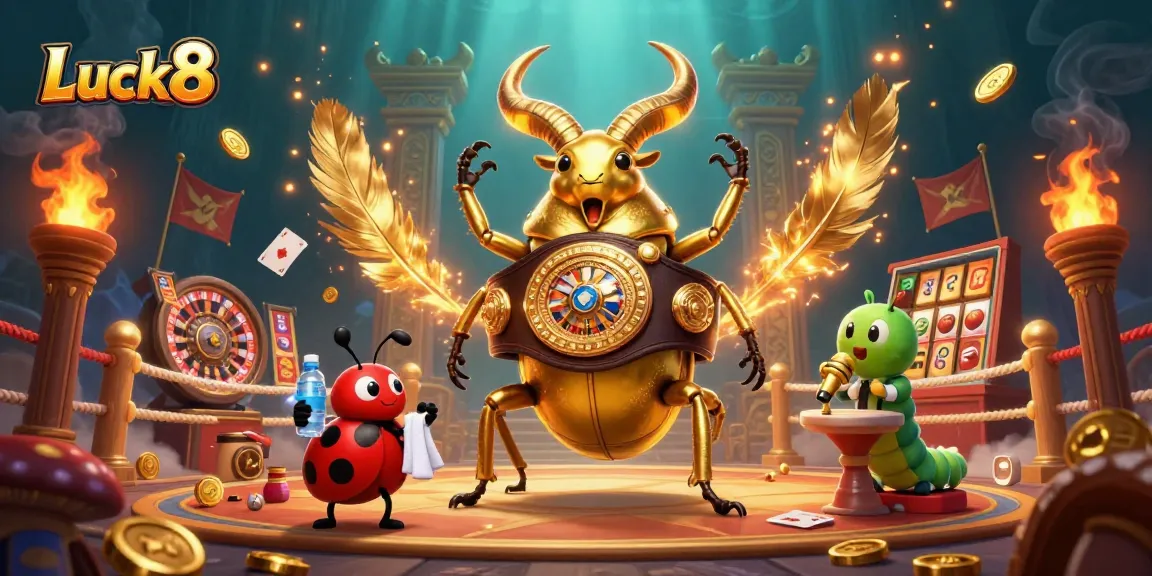 Experience the action with Luck8 in this dynamic casino scene featuring colorful characters and gaming elements.