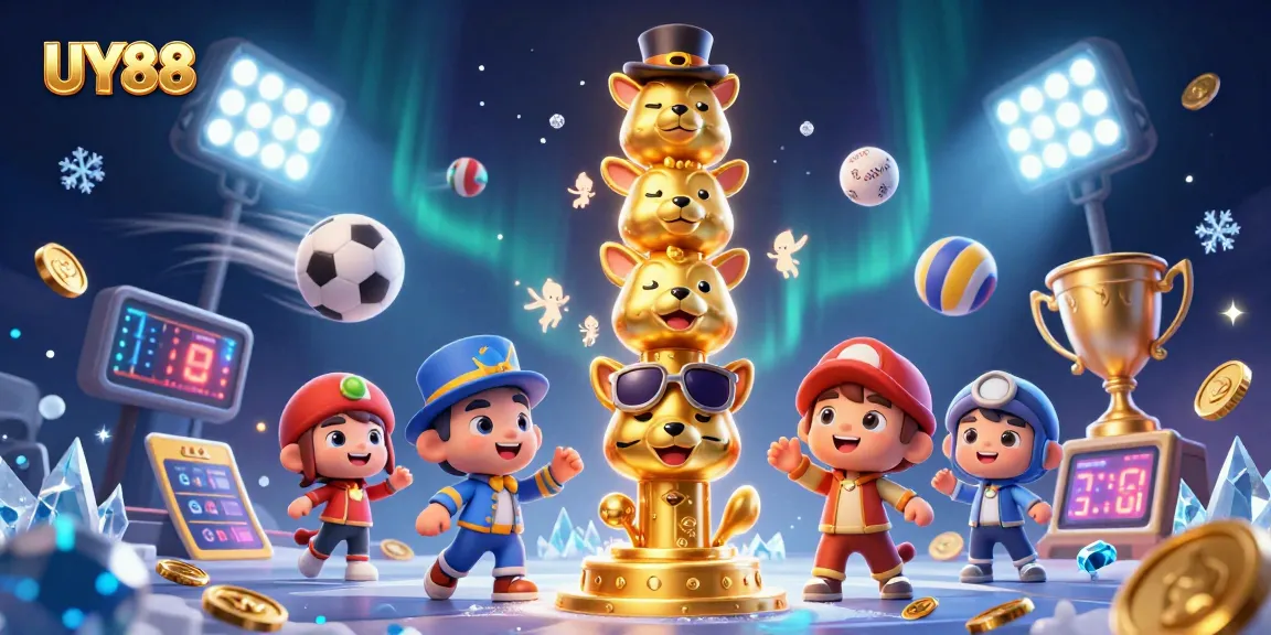 Experience winning moments with UY88 in a vibrant casino-themed illustration featuring dynamic sports elements.