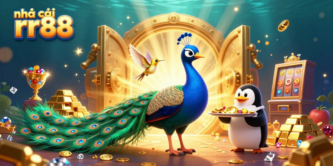 Experience the excitement of nhà cái rr88 with engaging illustrations of a peacock, penguin, and hummingbird amidst dazzling treasures.