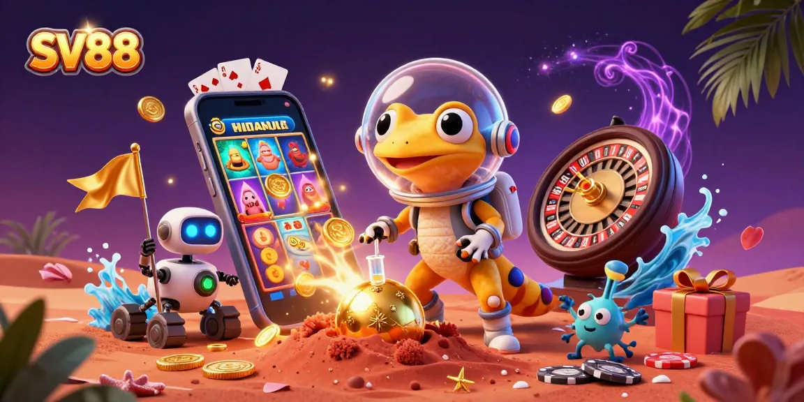 SV88 showcases a Martian gecko discovering a golden casino, filled with colorful slot games and excitement.