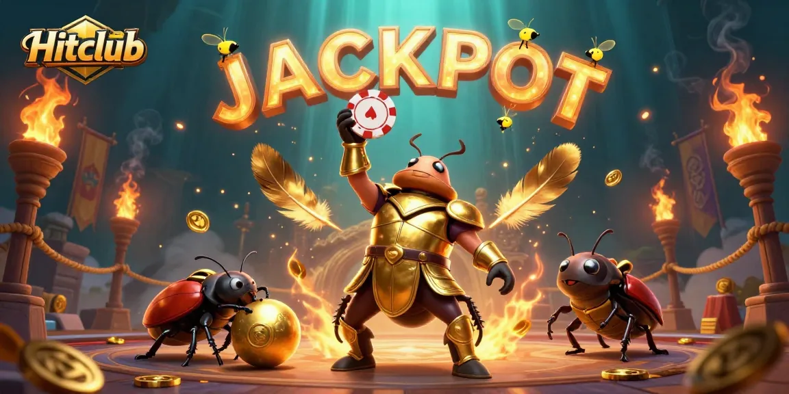 Experience the thrill at Hitclub with a vibrant 3D illustration featuring a victorious beetle and shimmering jackpot elements.
