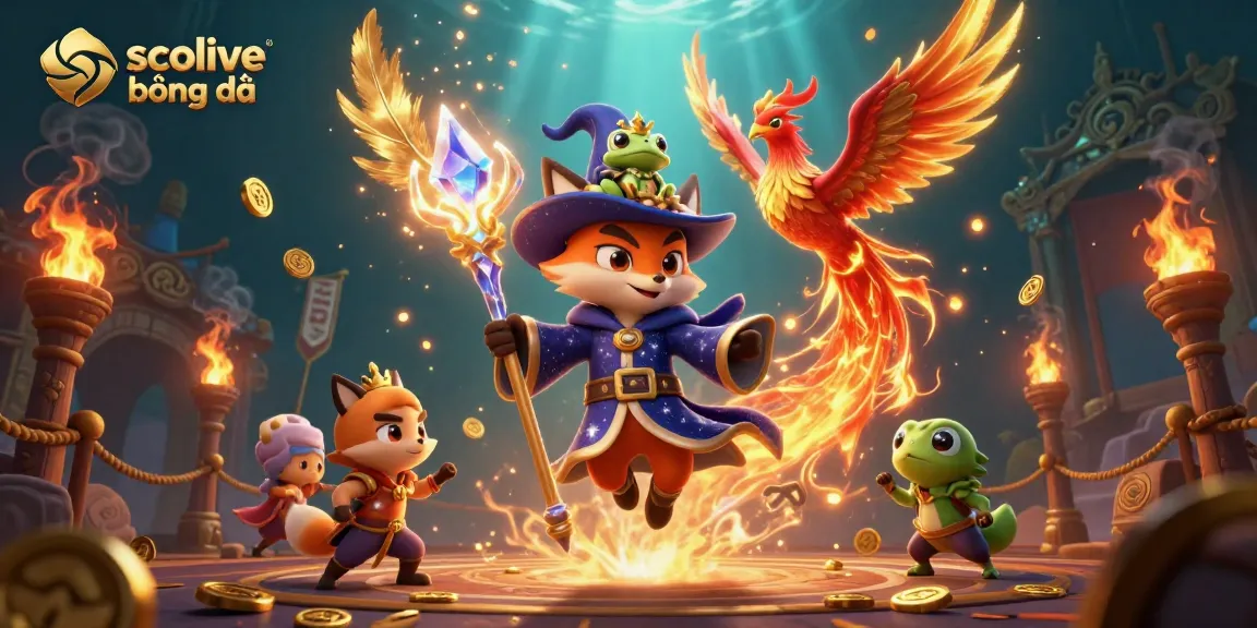 Experience the excitement of socolive bóng đá with vibrant phoenix and wizard elements in a rich gambling-themed scene.