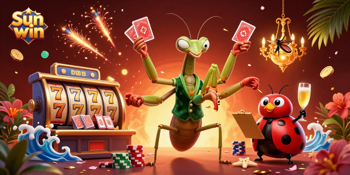 Experience the thrilling Sun win action with a giant mantis dealer and vibrant casino elements.