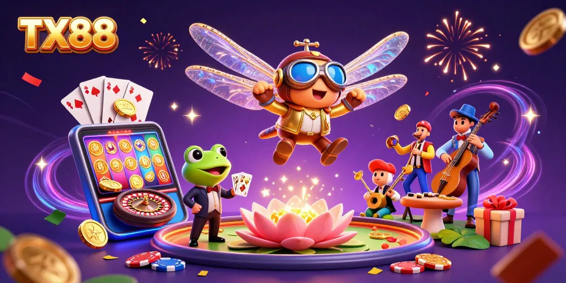Experience thrilling gaming at TX88 with a vibrant scene of a dragonfly casino pilot, frog croupier, and festive celebrations.