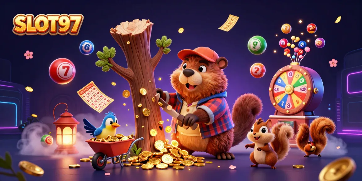SLOT97 presents a vibrant gaming scene with cartoon beaver and bird collecting coins, embodying casino excitement.