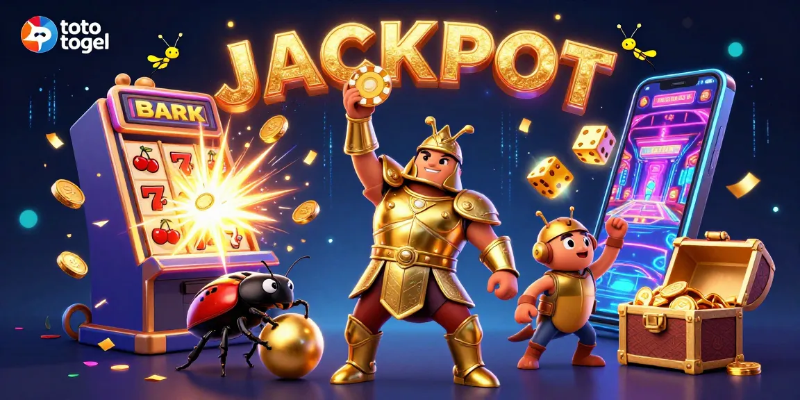 Experience thrilling toto togel excitement with a dynamic 3D illustration of a victorious beetle champion lifting a poker chip.