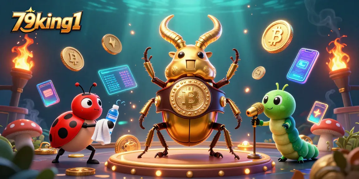 Engage with 79king1 in a vibrant gambling universe featuring a golden stag beetle champion among dazzling crypto elements.