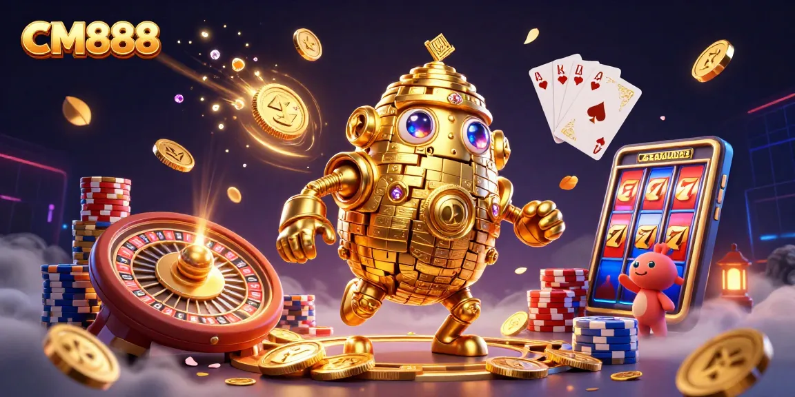 Experience the excitement of CM888 with a dynamic 3D casino illustration filled with golden coins and vibrant gaming elements.