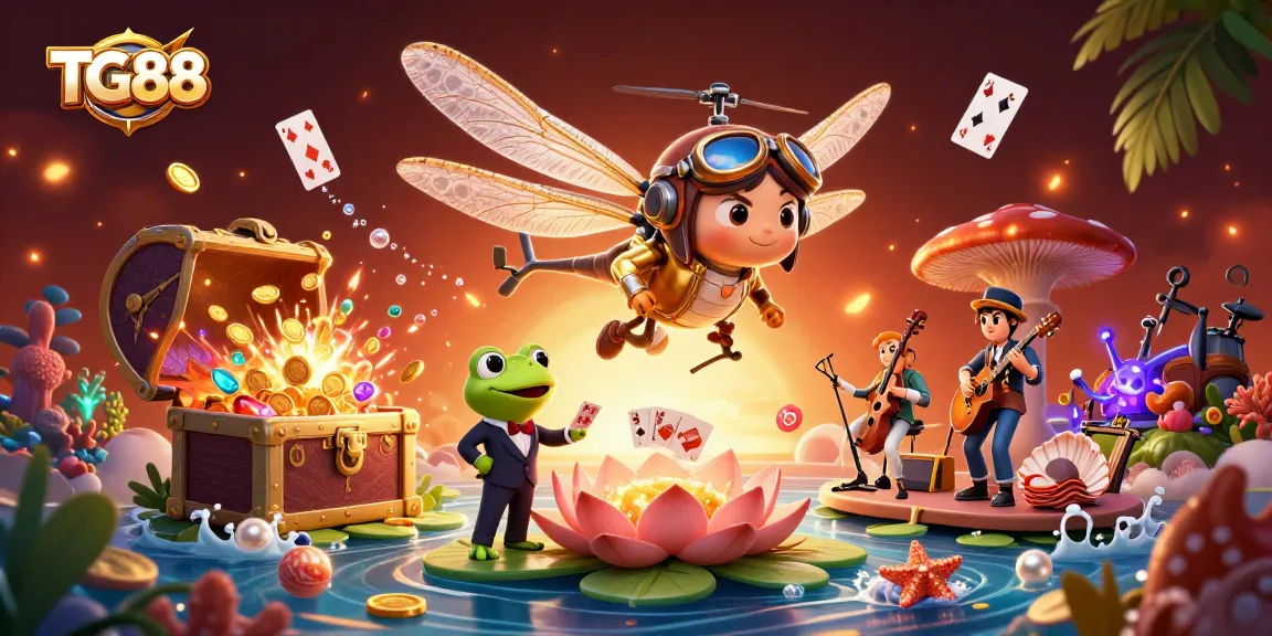 Experience exciting gameplay at TG88 with a vibrant casino scene featuring a dragonfly pilot and frog croupier.