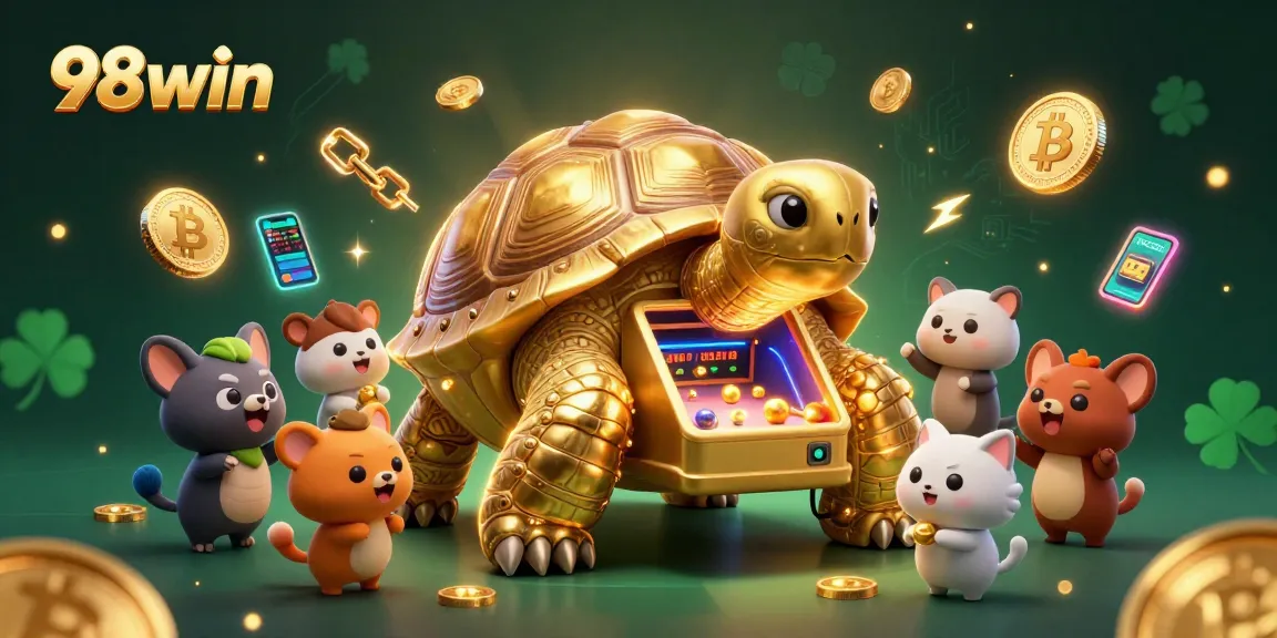 Engage with 98win's exciting gaming experience featuring a golden tortoise pinball machine surrounded by vibrant crypto coins.