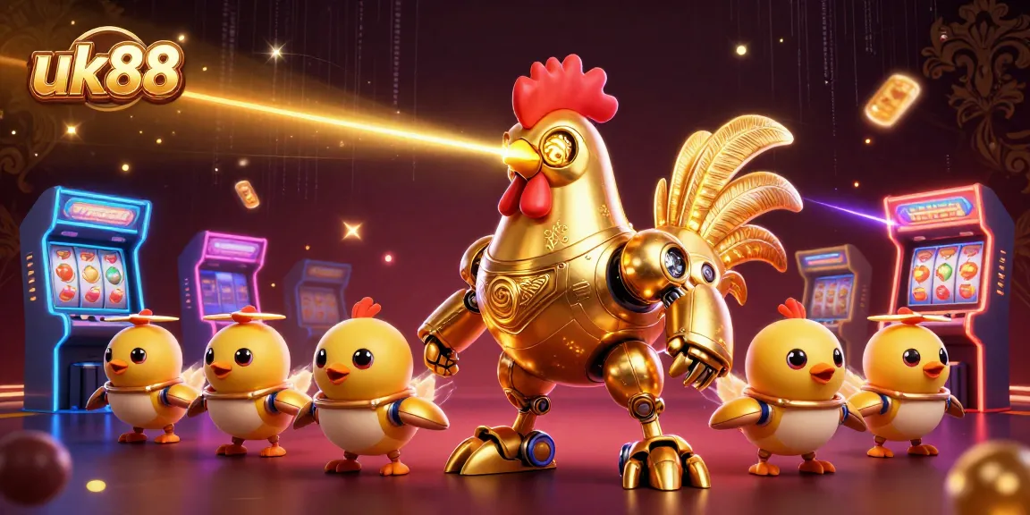 Engage with the thrilling uk88 casino experience featuring a golden rooster robot and neon arcade games.