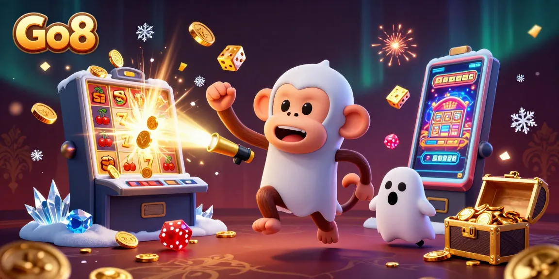 Go8's mischievous monkey juggles treasures in a vibrant casino scene filled with excitement and energy.