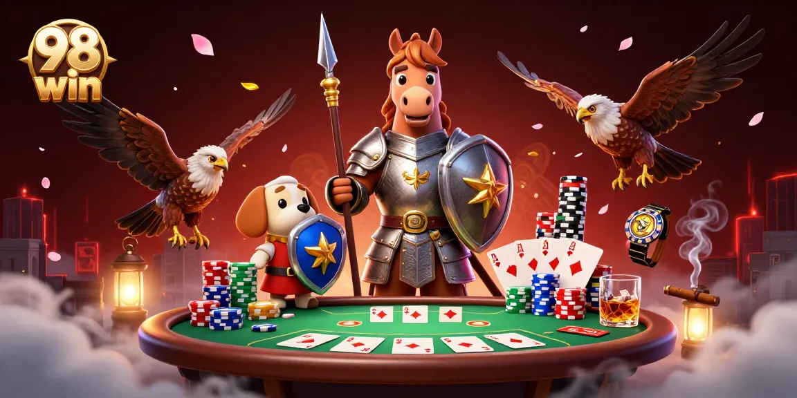 Engage in thrilling games at 98 win casino with a vibrant scene of knight and squire at a poker table.