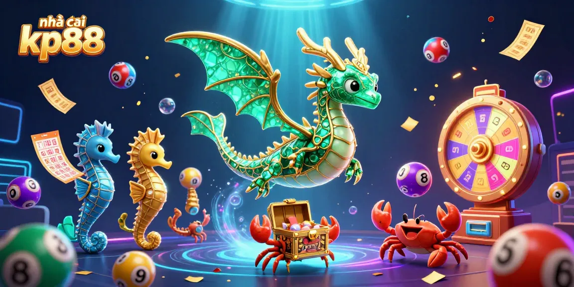 Engage with nhà cái kp88 in a vibrant 3D illustration of chances with colorful lottery elements.