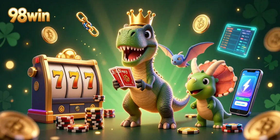 Experience thrilling gameplay at 98win while enjoying giant cartoon characters and rich casino elements.