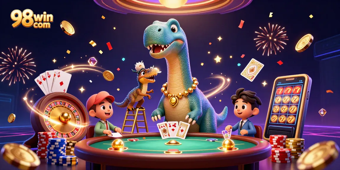 Experience thrilling action with 98win com featuring a majestic brontosaurus amidst casino excitement.
