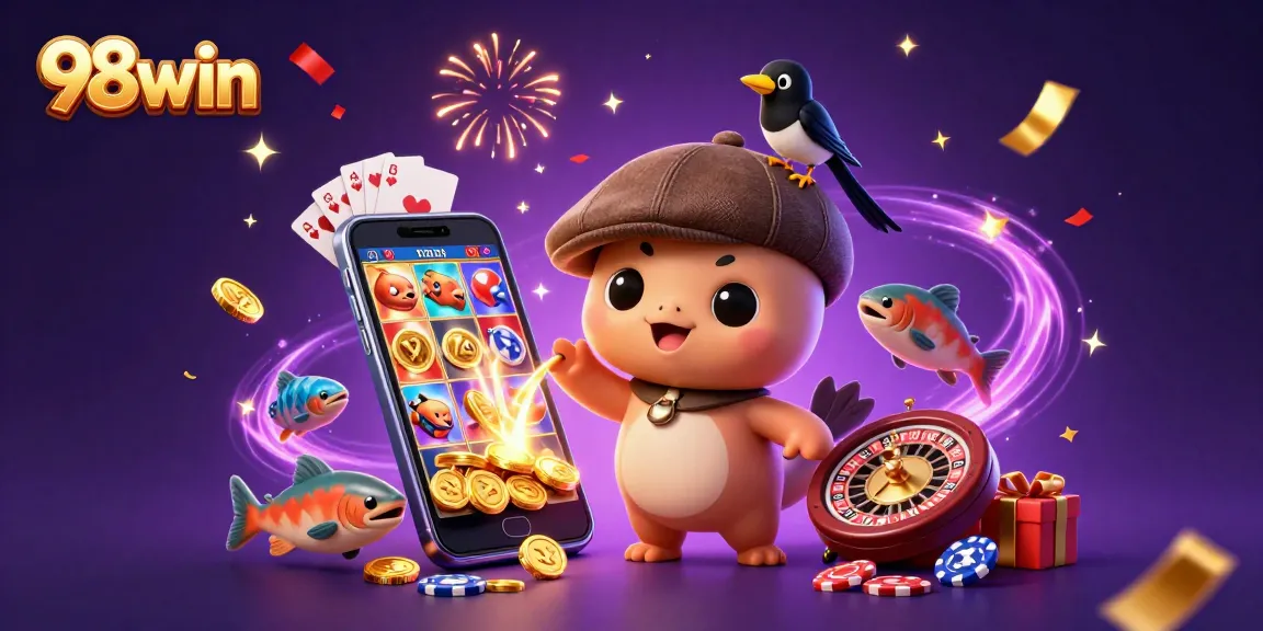 Experience the excitement at 98win with a playful Nessie amidst vibrant casino elements and dazzling celebrations.